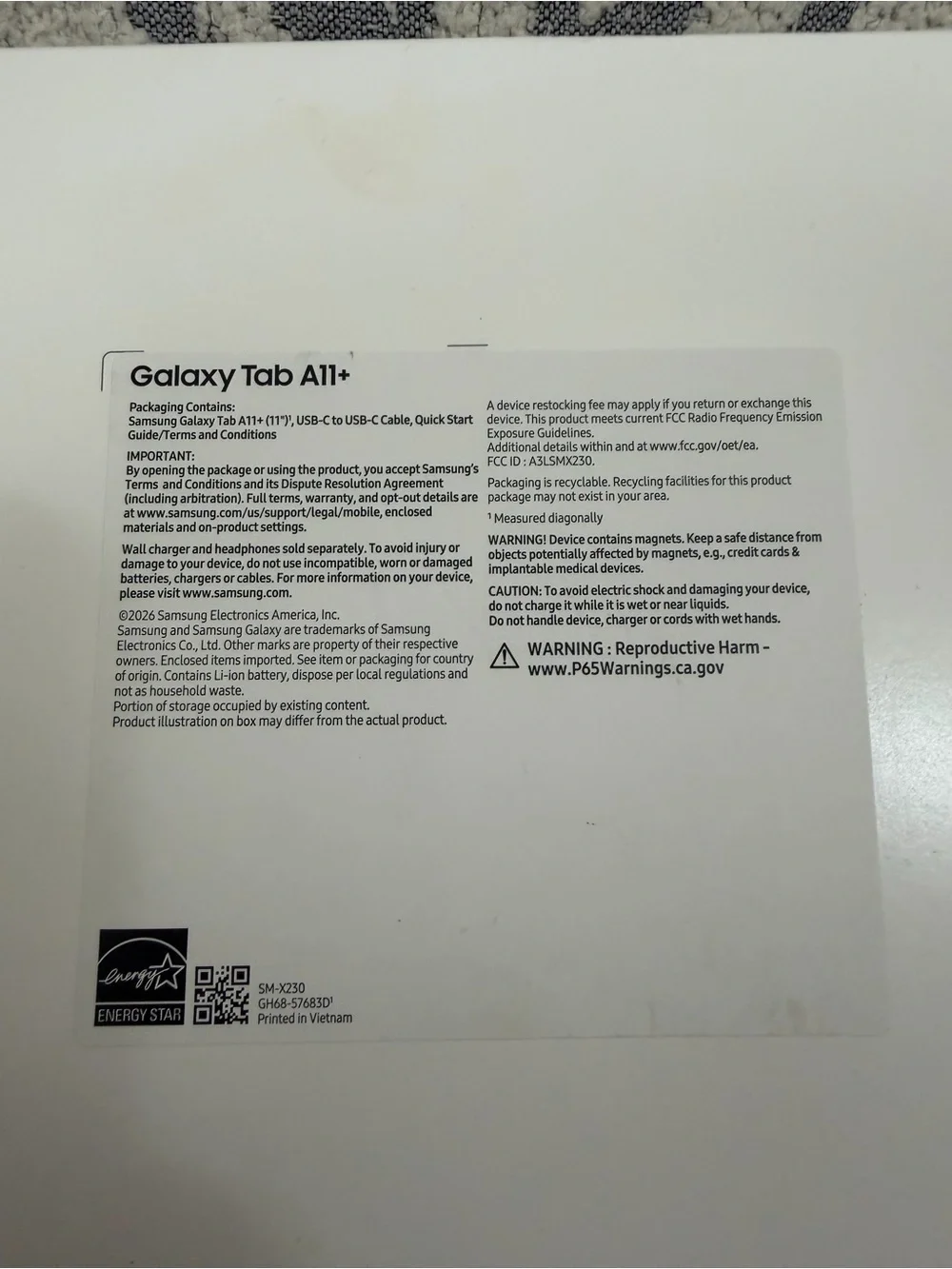 Samsung Galaxy Tab A11+ 128GB Wi-Fi Gray SM-X230 New Sealed